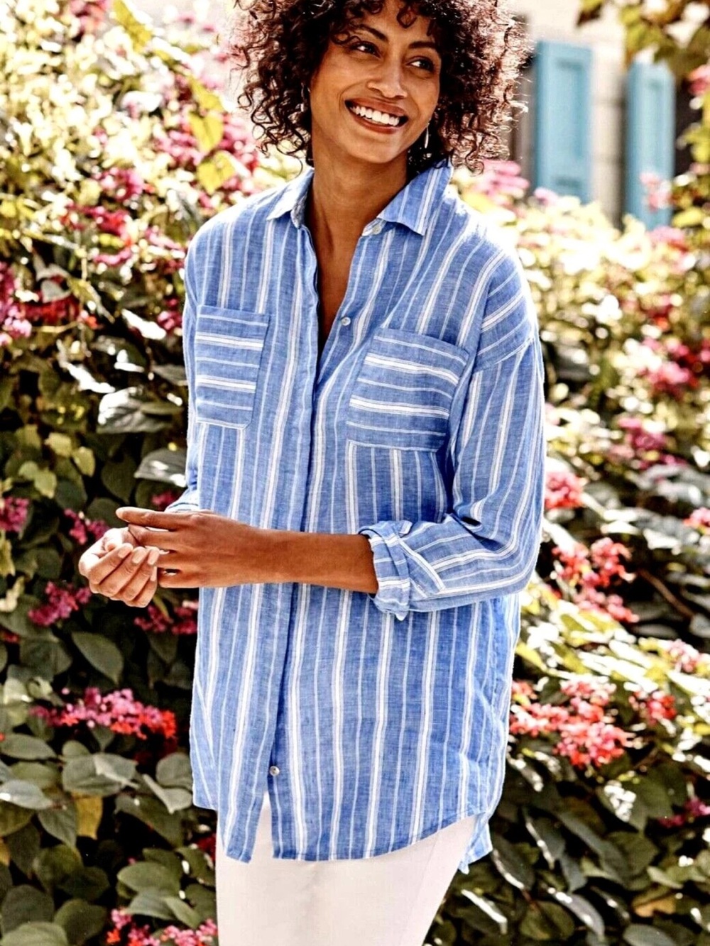 J Jill Love Linen Blue White Tunic Top size  large